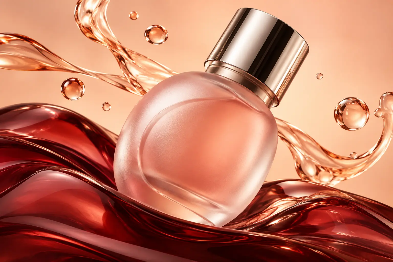 Original beauty campaign concept with a rose glass bottle, liquid ribbons, and suspended droplets