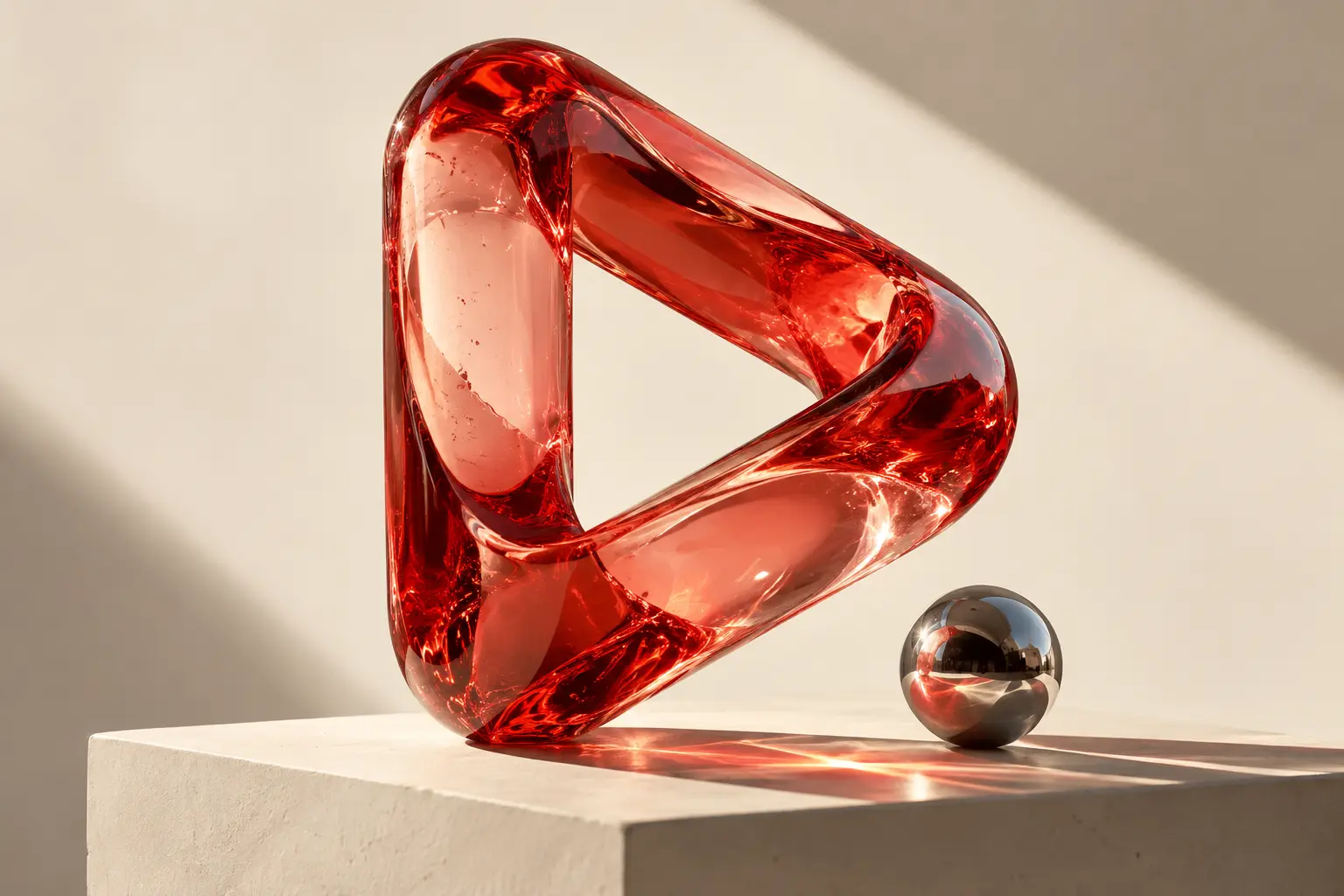 Coral glass play sculpture and a chrome sphere in warm studio light