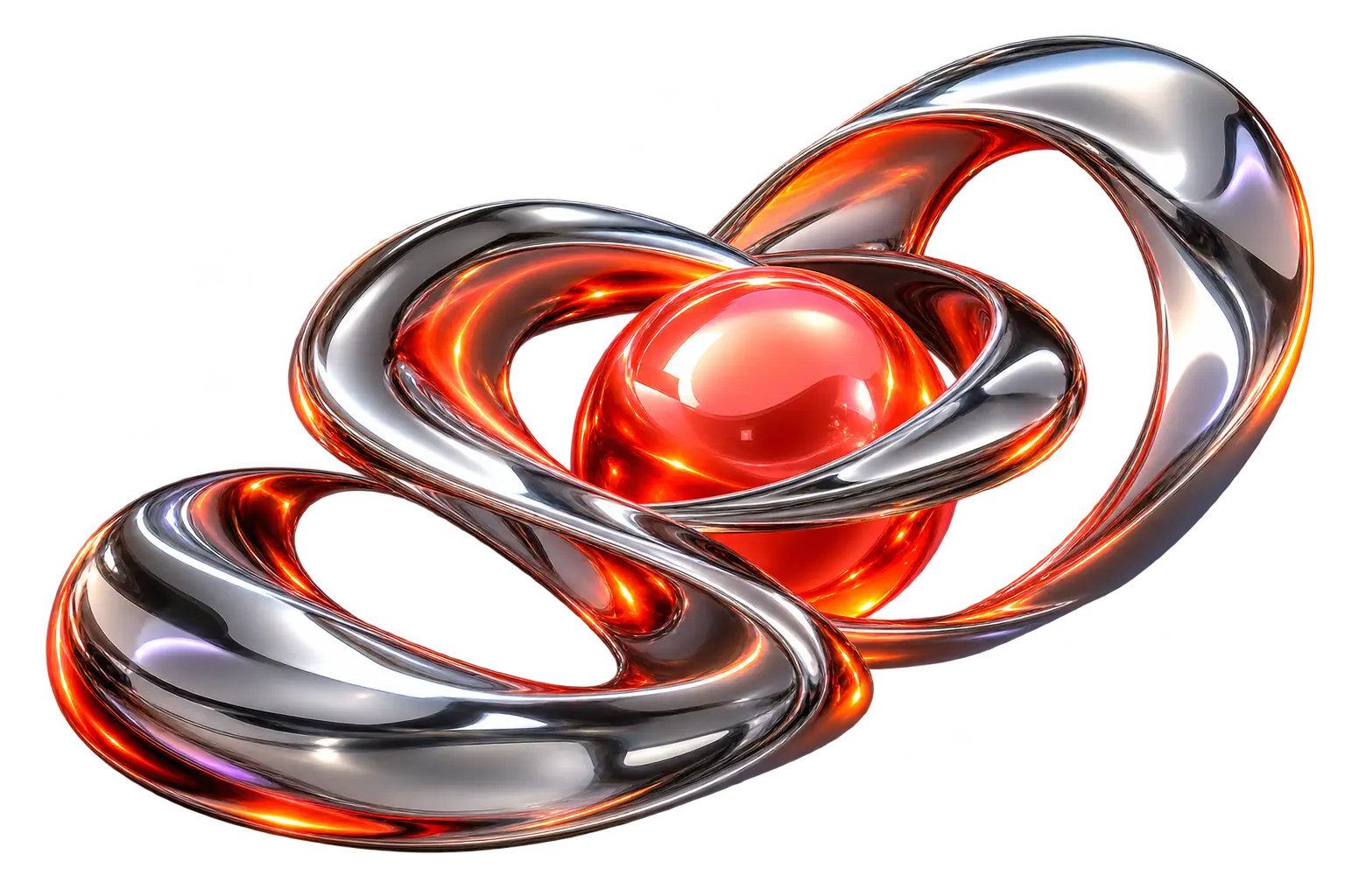 Liquid chrome ribbons orbiting a luminous coral sphere