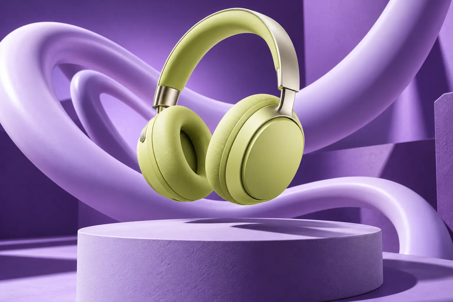 Original technology campaign concept featuring chartreuse headphones and sculptural lavender sound waves